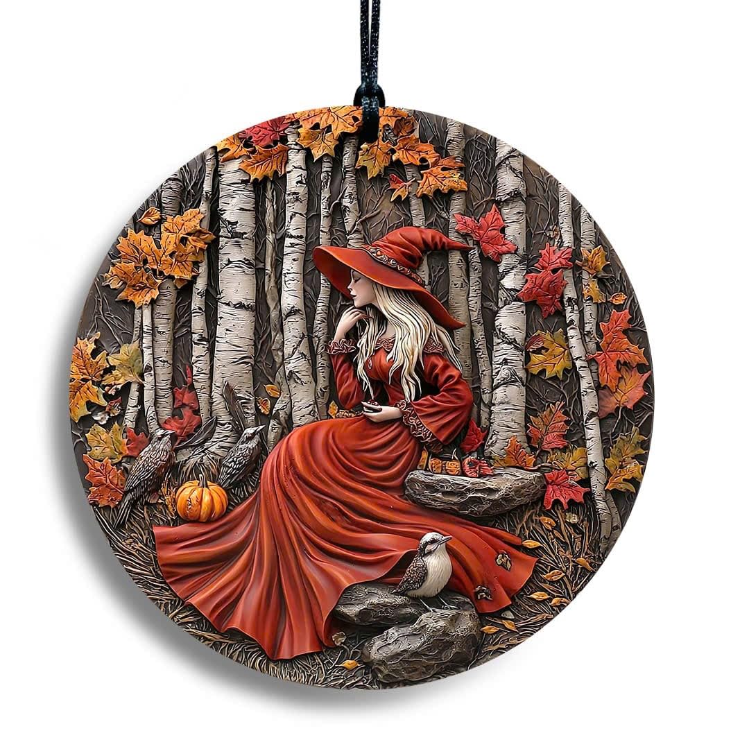 Halloween Stained Glass Window Ornament, Witch Scene with Pumpkins, Acrylic Hanging Suncatcher, Round Wall Art Decor, Witchy Ornament for Home Friends and Family (Two Girls)
